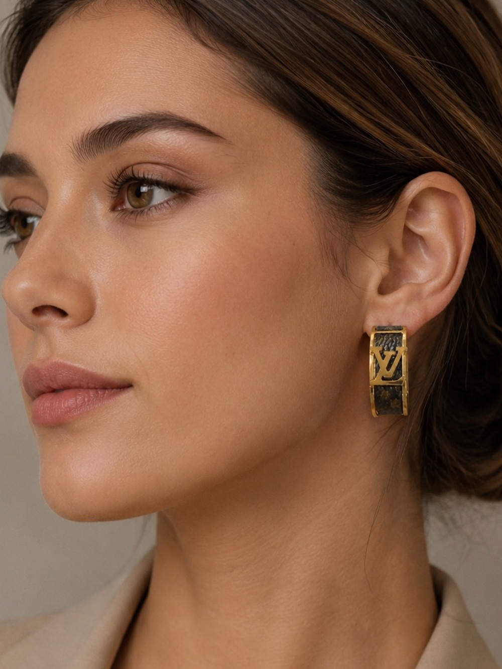 Louis Vuitton EUC Gold tone
Monogram over LV coated canvas   
1” Hoop Earrings - Picture 4 of 10